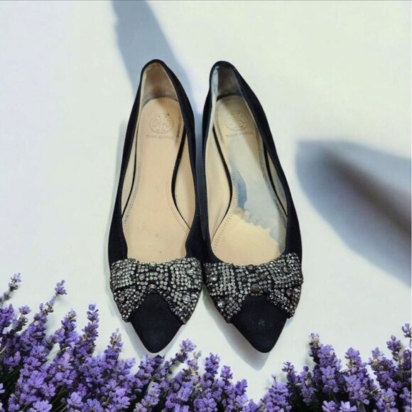 Tory Burch Black Sliver Rhinestone Bow Flats Women Size 8.5 M - Picture 14 of 14
